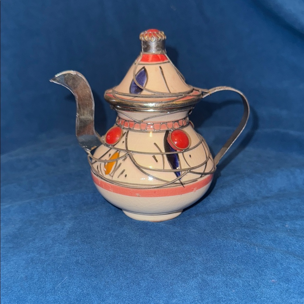 Vintage Ceramic Teapot with Silver Accents hand made